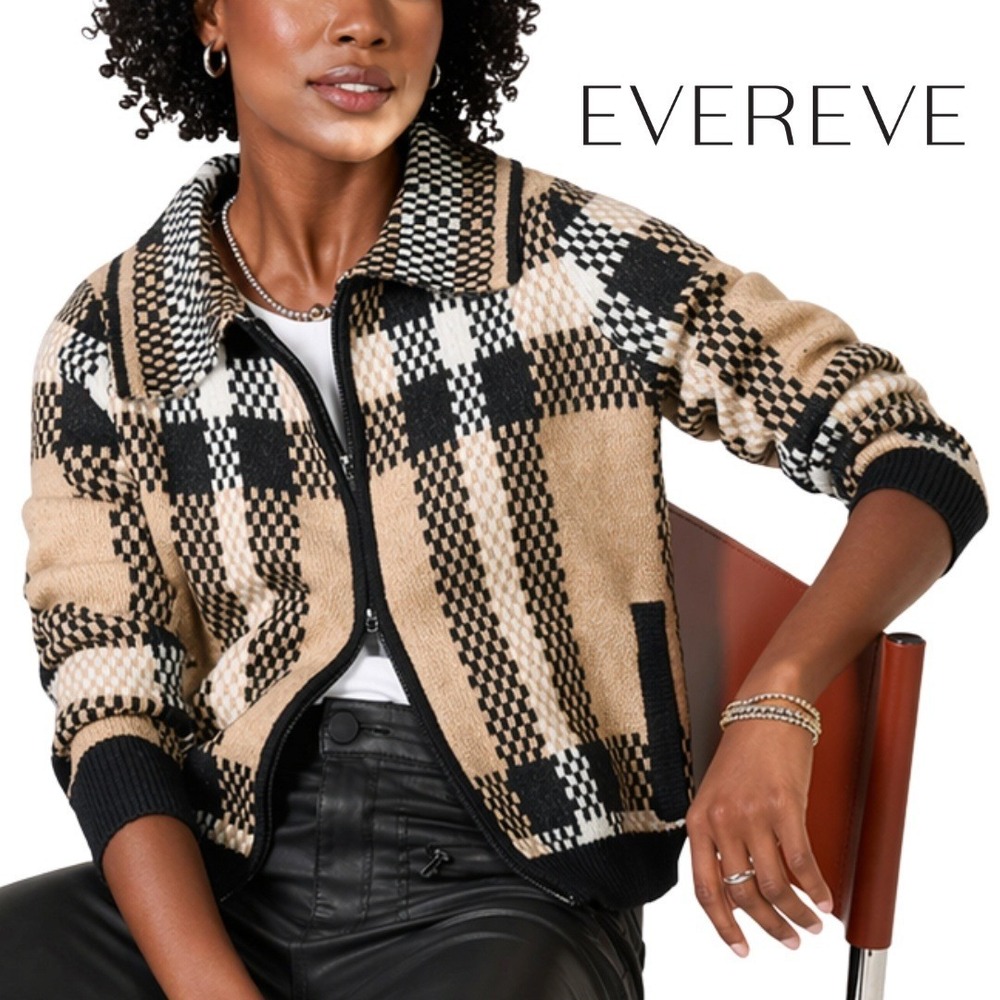 Evereve, Plaid Full Zip Cardigan Sweater Tan Black White Collared Size Small